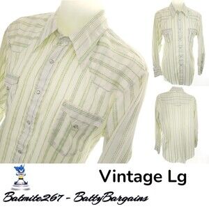 VTG 80s Mens Western L Pearl Snap Shirt L/S White Green Stripe